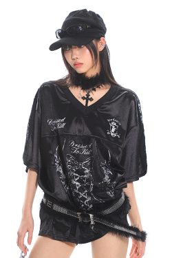 Strap Printed Sweet and Spicy Punk Satin Short Sleeve T-Shirt for Women - Summer Sports Top, Y2K Style Fashion Tee