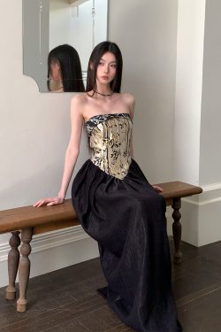 Strapless Chinese Style Jacquard Dress with Bamboo Pattern, Color Block Splicing Vase Skirt, Spring Summer 2025 Fashion for Women