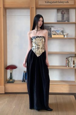 Strapless Chinese Style Jacquard Dress with Bamboo Pattern, Color Block Splicing Vase Skirt, Spring Summer 2025 Fashion for Women