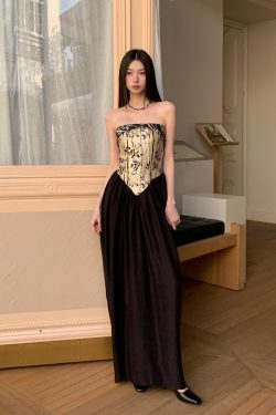Strapless Chinese Style Jacquard Dress with Bamboo Pattern, Color Block Splicing Vase Skirt, Spring Summer 2025 Fashion for Women
