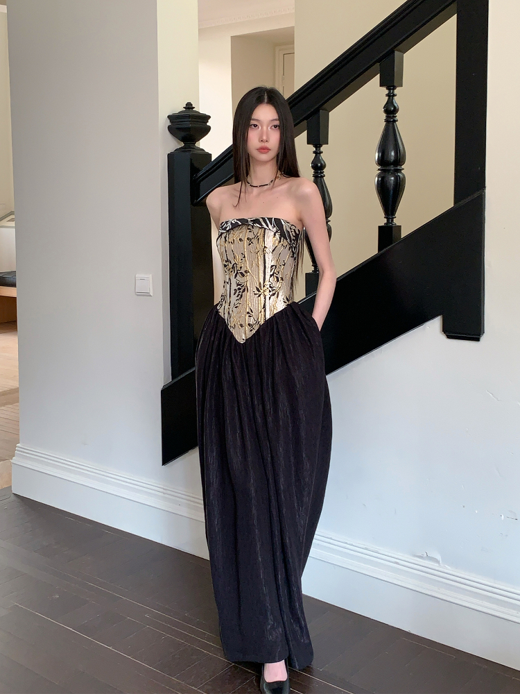 Strapless Chinese Style Jacquard Dress with Bamboo Pattern, Color Block Splicing Vase Skirt, Spring Summer 2025 Fashion for Women Strapless Chinese Style Jacquard Dress with Bamboo Pattern, Color Block Splicing Vase Skirt, Spring Summer 2025 Fashion for Women