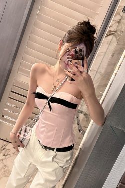 Strapless Pink Fishbone Bow Slim-Fit Waist-Cinching Top for Trendy Girls - Y2K Fashion Inspired Style