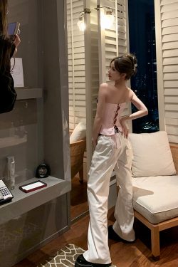 Strapless Pink Fishbone Bow Slim-Fit Waist-Cinching Top for Trendy Girls - Y2K Fashion Inspired Style