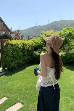 Strapless Summer White Lace Hollow Jacquard Top – Y2K Inspired French Style Outerwear with Gardenia Design