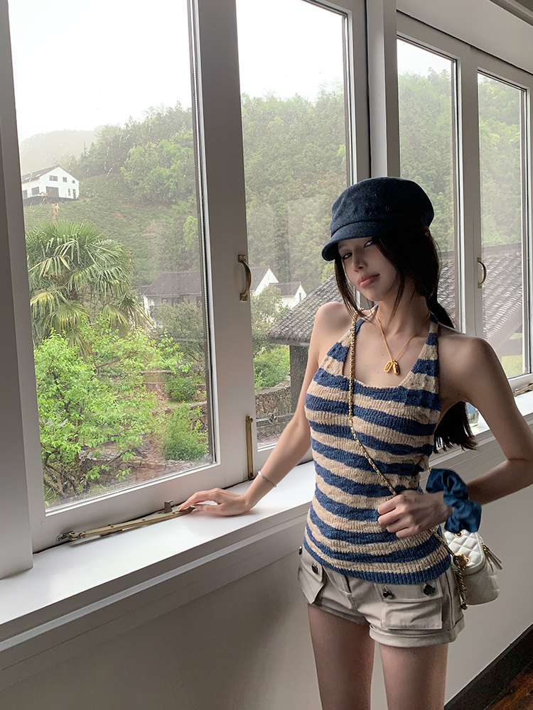 Striped Backless Halter Summer Vest Top in Ice Silk - Slim Fit Sea Salt Cool Breeze Style for Trendy Summer Looks Striped Backless Halter Summer Vest Top in Ice Silk - Slim Fit Sea Salt Cool Breeze Style for Trendy Summer Looks