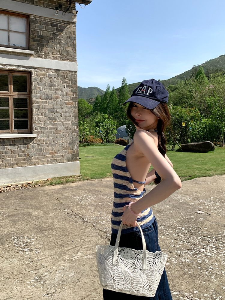 Striped Backless Halter Summer Vest Top in Ice Silk - Slim Fit Sea Salt Cool Breeze Style for Trendy Summer Looks Striped Backless Halter Summer Vest Top in Ice Silk - Slim Fit Sea Salt Cool Breeze Style for Trendy Summer Looks