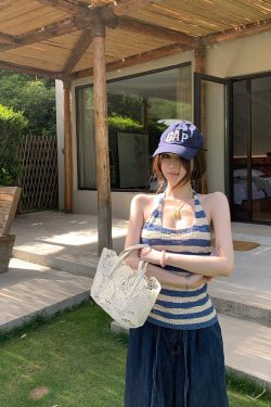 Striped Backless Halter Summer Vest Top in Ice Silk - Slim Fit Sea Salt Cool Breeze Style for Trendy Summer Looks