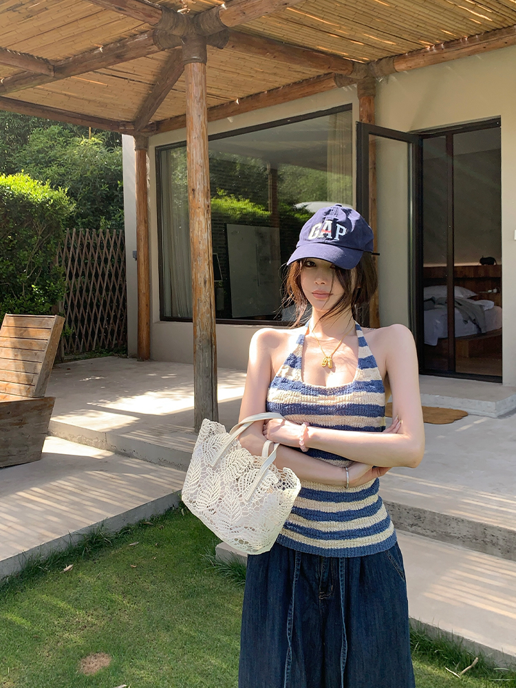 Striped Backless Halter Summer Vest Top in Ice Silk - Slim Fit Sea Salt Cool Breeze Style for Trendy Summer Looks Striped Backless Halter Summer Vest Top in Ice Silk - Slim Fit Sea Salt Cool Breeze Style for Trendy Summer Looks