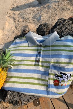 Striped Cow Embroidery Polo T-Shirt for Men and Women, Summer Loose Fit Short Sleeve Top, Vintage Style
