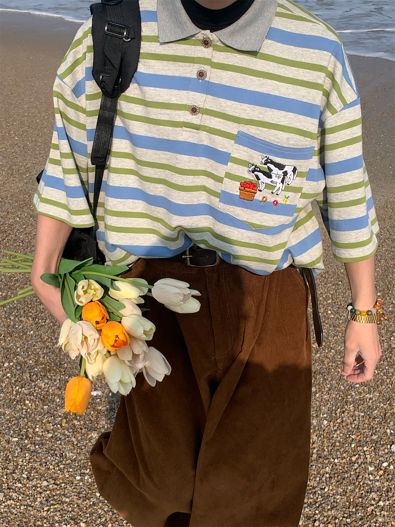 Striped Cow Embroidery Polo T-Shirt for Men and Women, Summer Loose Fit Short Sleeve Top, Vintage Style Striped Cow Embroidery Polo T-Shirt for Men and Women, Summer Loose Fit Short Sleeve Top, Vintage Style