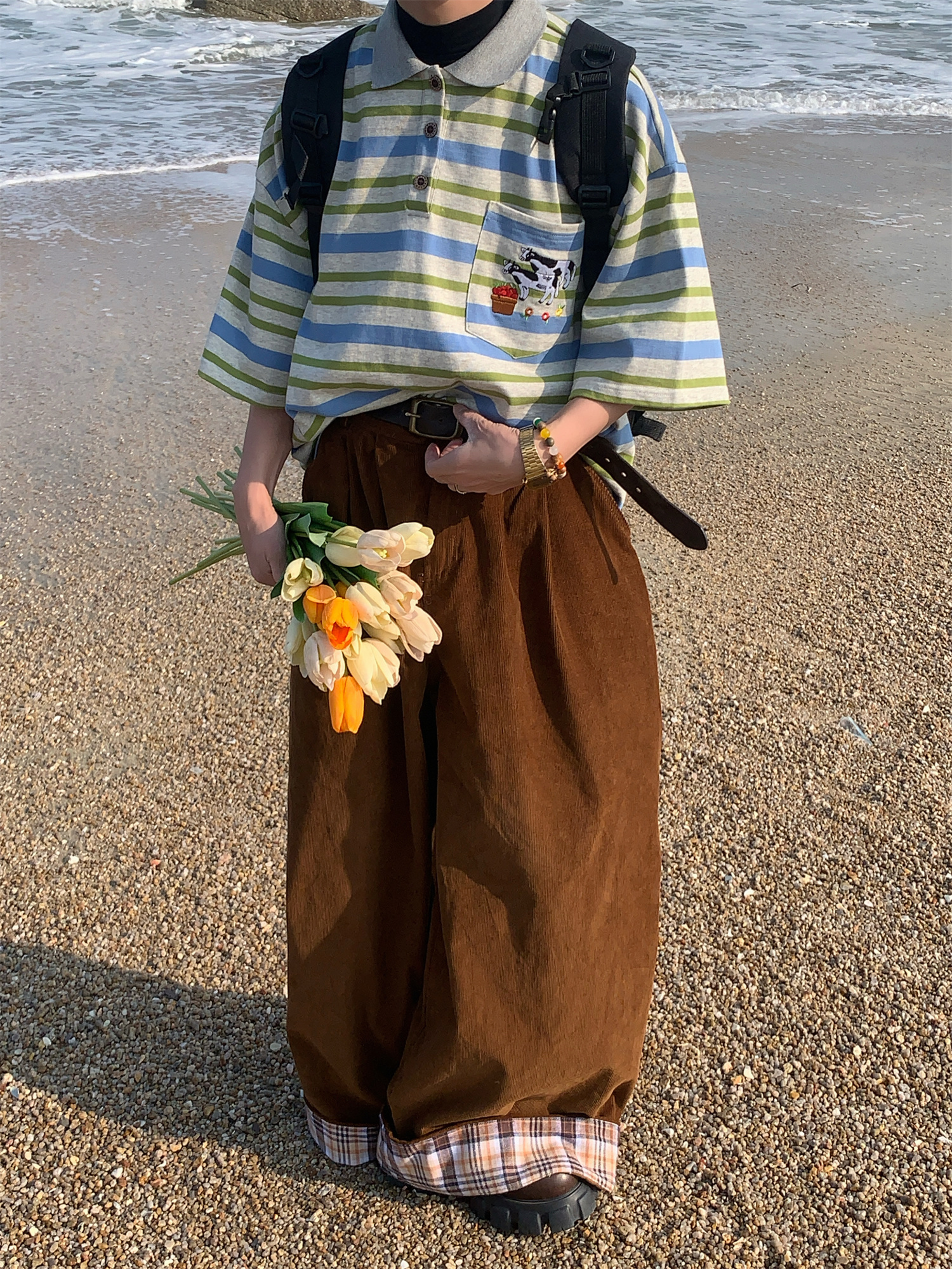 Striped Cow Embroidery Polo T-Shirt for Men and Women, Summer Loose Fit Short Sleeve Top, Vintage Style Striped Cow Embroidery Polo T-Shirt for Men and Women, Summer Loose Fit Short Sleeve Top, Vintage Style