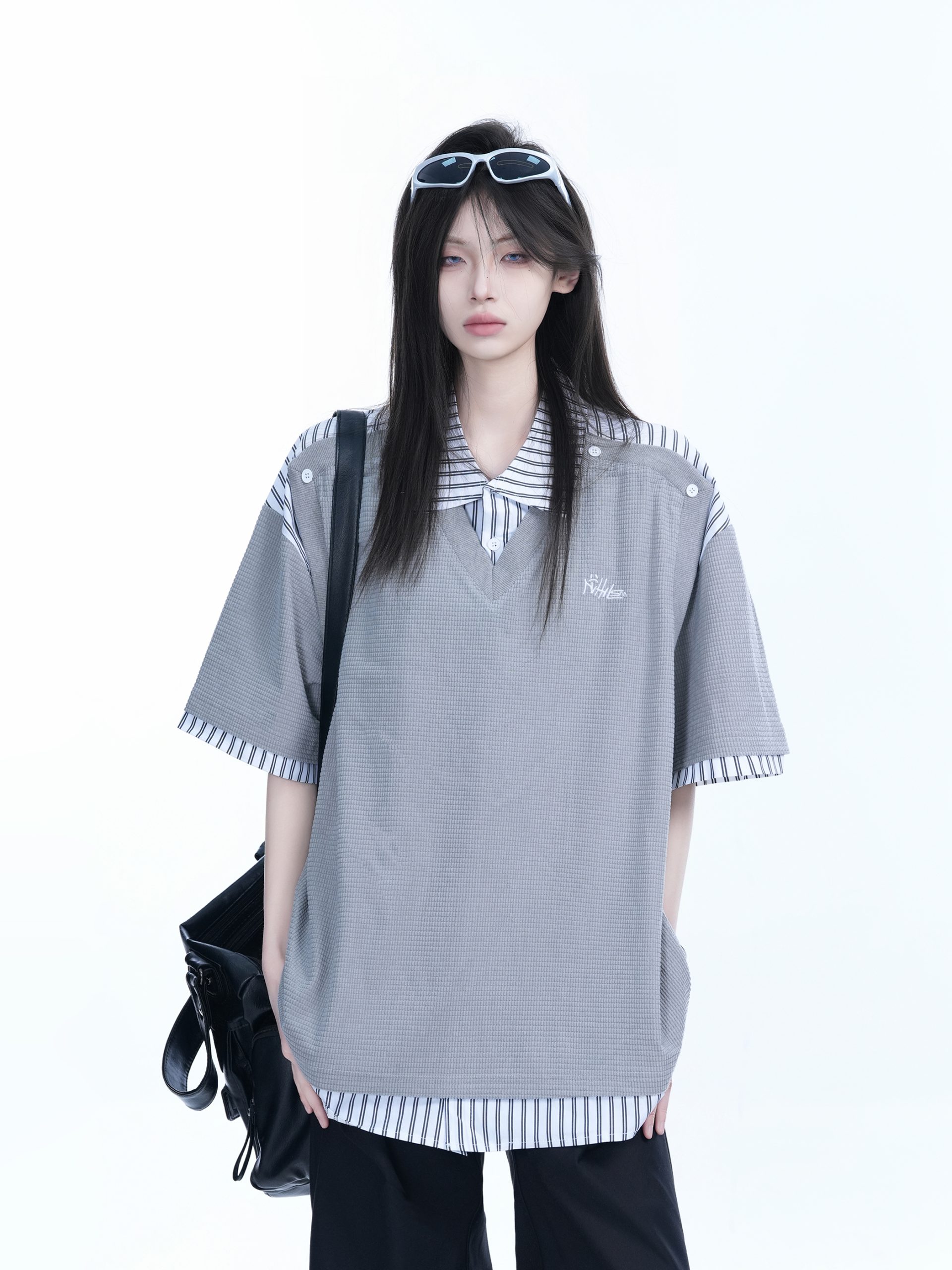Striped Henry Collar Short Sleeve T-Shirt for Women - Unique Fake Two-Piece Design, Loose Fit, Trendy Casual Style Striped Henry Collar Short Sleeve T-Shirt for Women - Unique Fake Two-Piece Design, Loose Fit, Trendy Casual Style