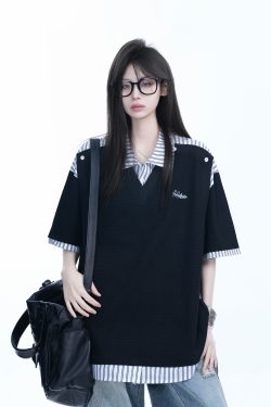 Striped Henry Collar Short Sleeve T-Shirt for Women - Unique Fake Two-Piece Design, Loose Fit, Trendy Casual Style