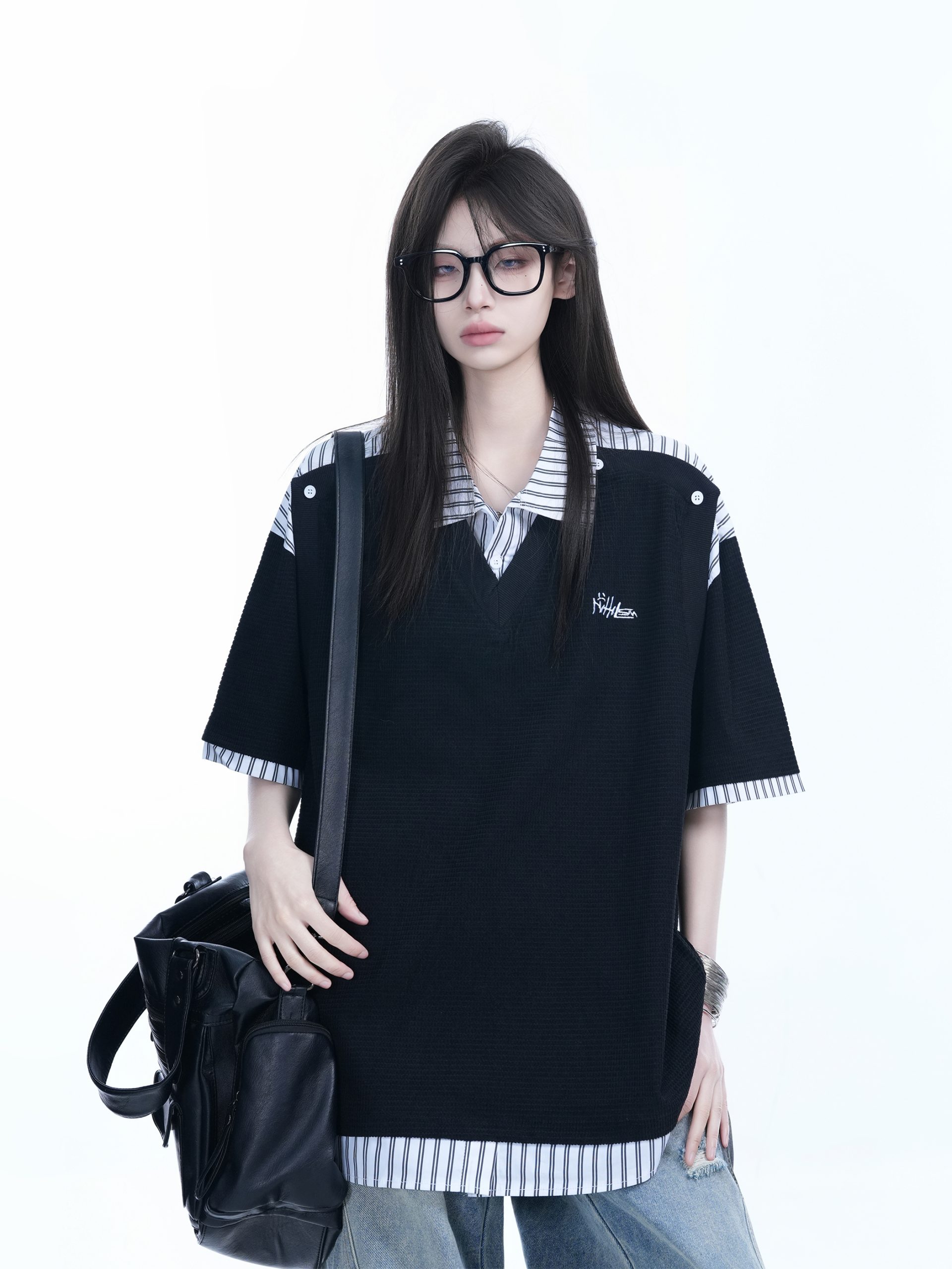 Striped Henry Collar Short Sleeve T-Shirt for Women - Unique Fake Two-Piece Design, Loose Fit, Trendy Casual Style Striped Henry Collar Short Sleeve T-Shirt for Women - Unique Fake Two-Piece Design, Loose Fit, Trendy Casual Style