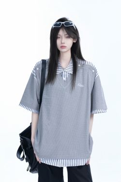 Striped Henry Collar Short Sleeve T-Shirt for Women - Unique Fake Two-Piece Design, Loose Fit, Trendy Casual Style