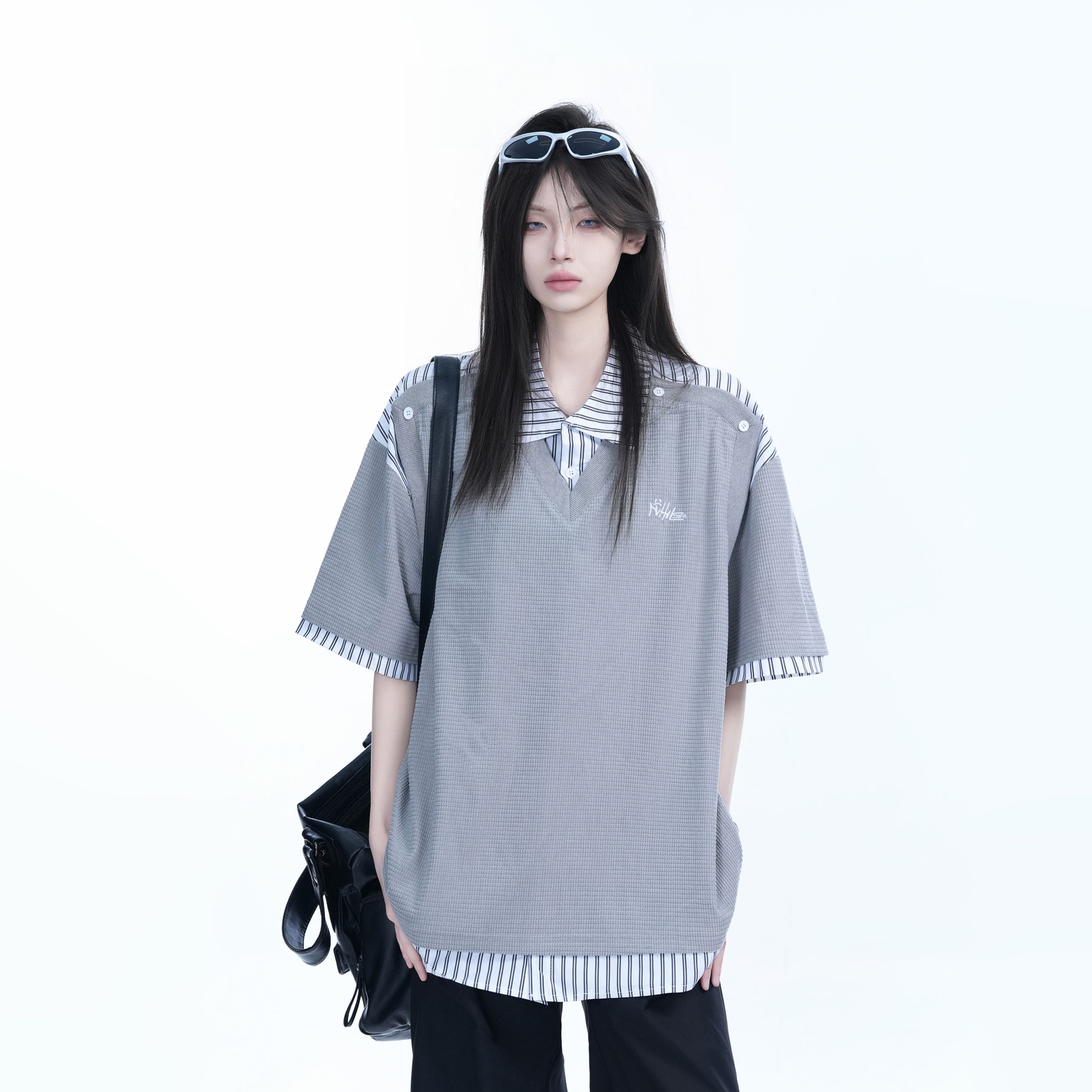 Striped Henry Collar Short Sleeve T-Shirt for Women - Unique Fake Two-Piece Design, Loose Fit, Trendy Casual Style Striped Henry Collar Short Sleeve T-Shirt for Women - Unique Fake Two-Piece Design, Loose Fit, Trendy Casual Style