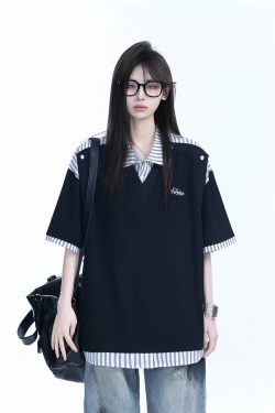 Striped Henry Collar Short Sleeve T-Shirt for Women - Unique Fake Two-Piece Design, Loose Fit, Trendy Casual Style