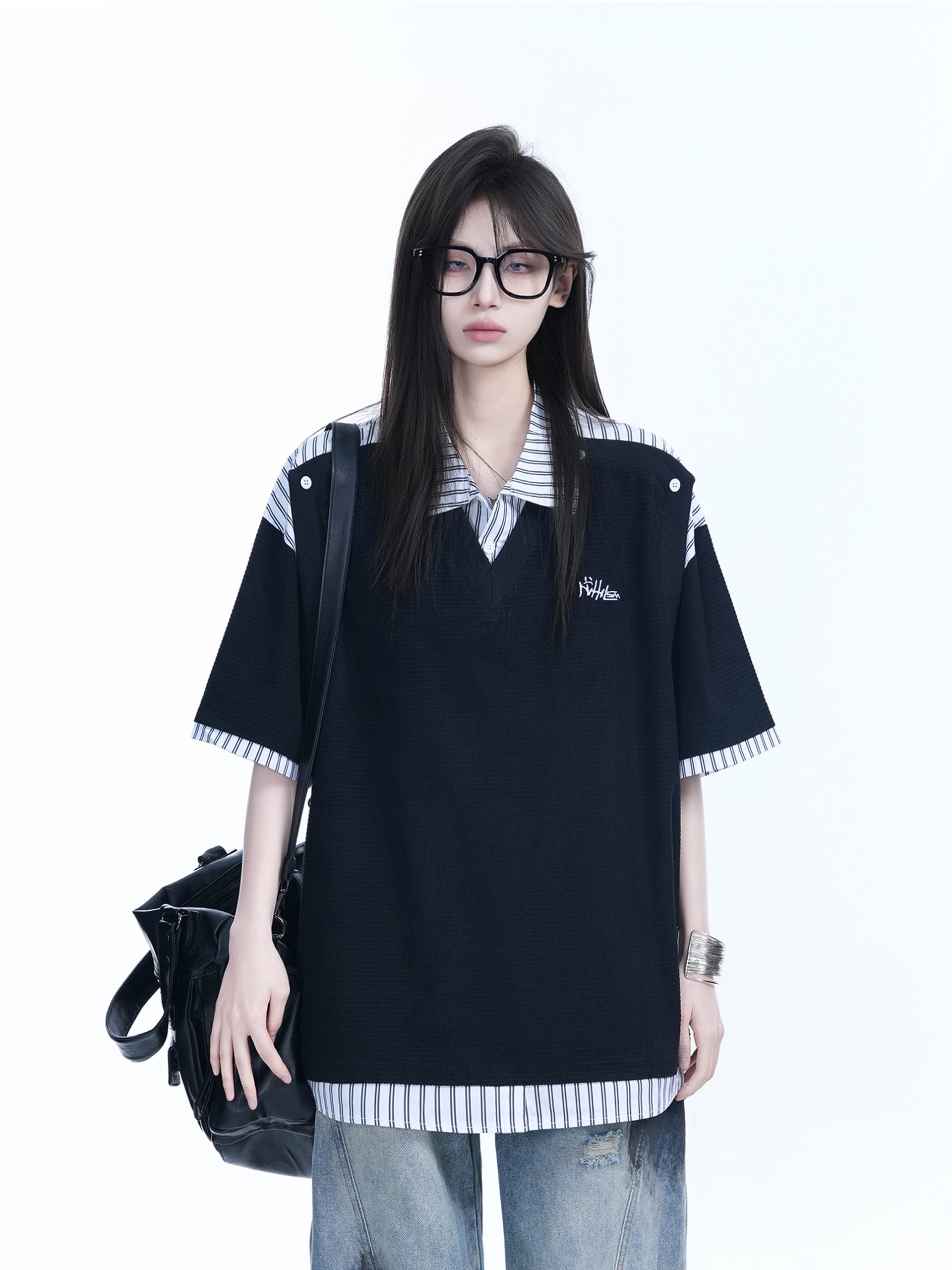 Striped Henry Collar Short Sleeve T-Shirt for Women - Unique Fake Two-Piece Design, Loose Fit, Trendy Casual Style Striped Henry Collar Short Sleeve T-Shirt for Women - Unique Fake Two-Piece Design, Loose Fit, Trendy Casual Style