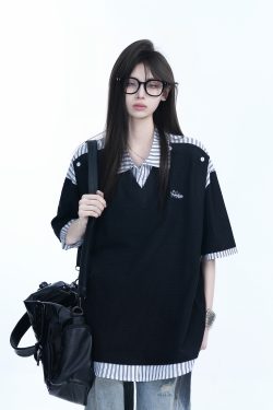 Striped Henry Collar Short Sleeve T-Shirt for Women - Unique Fake Two-Piece Design, Loose Fit, Trendy Casual Style