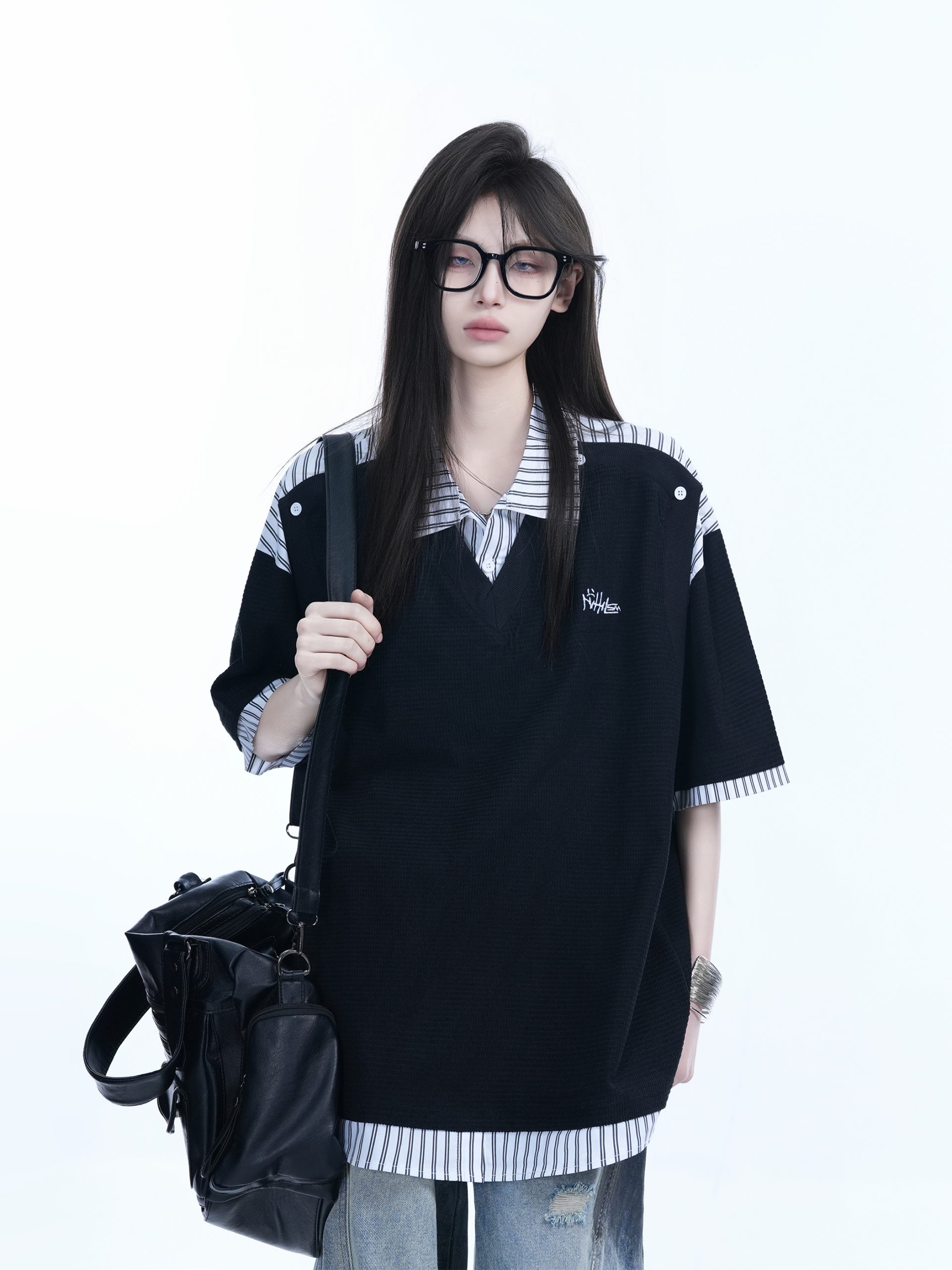 Striped Henry Collar Short Sleeve T-Shirt for Women - Unique Fake Two-Piece Design, Loose Fit, Trendy Casual Style Striped Henry Collar Short Sleeve T-Shirt for Women - Unique Fake Two-Piece Design, Loose Fit, Trendy Casual Style