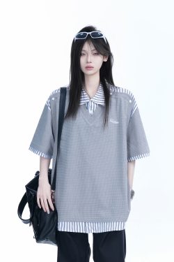 Striped Henry Collar Short Sleeve T-Shirt for Women - Unique Fake Two-Piece Design, Loose Fit, Trendy Casual Style