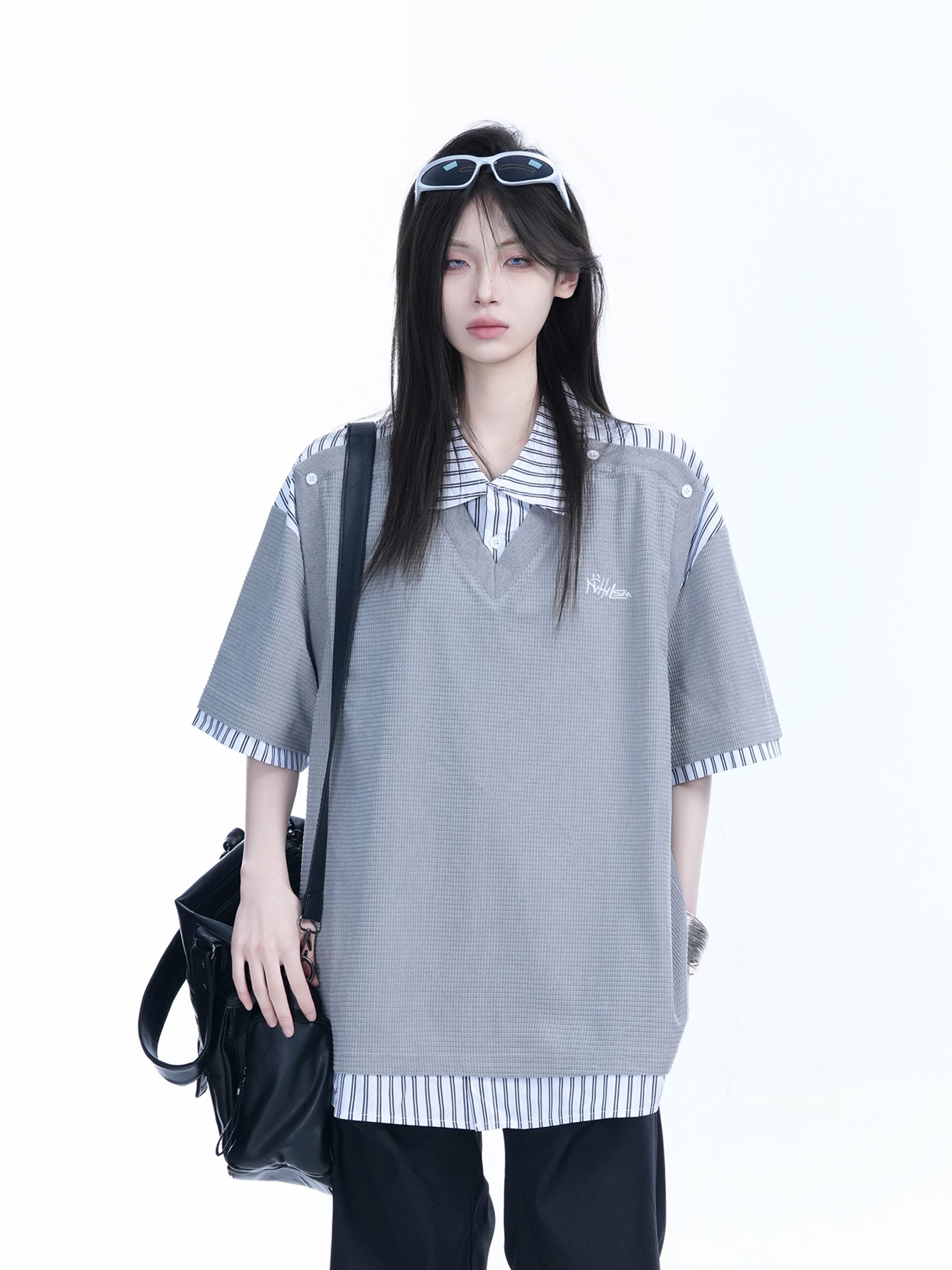 Striped Henry Collar Short Sleeve T-Shirt for Women - Unique Fake Two-Piece Design, Loose Fit, Trendy Casual Style Striped Henry Collar Short Sleeve T-Shirt for Women - Unique Fake Two-Piece Design, Loose Fit, Trendy Casual Style