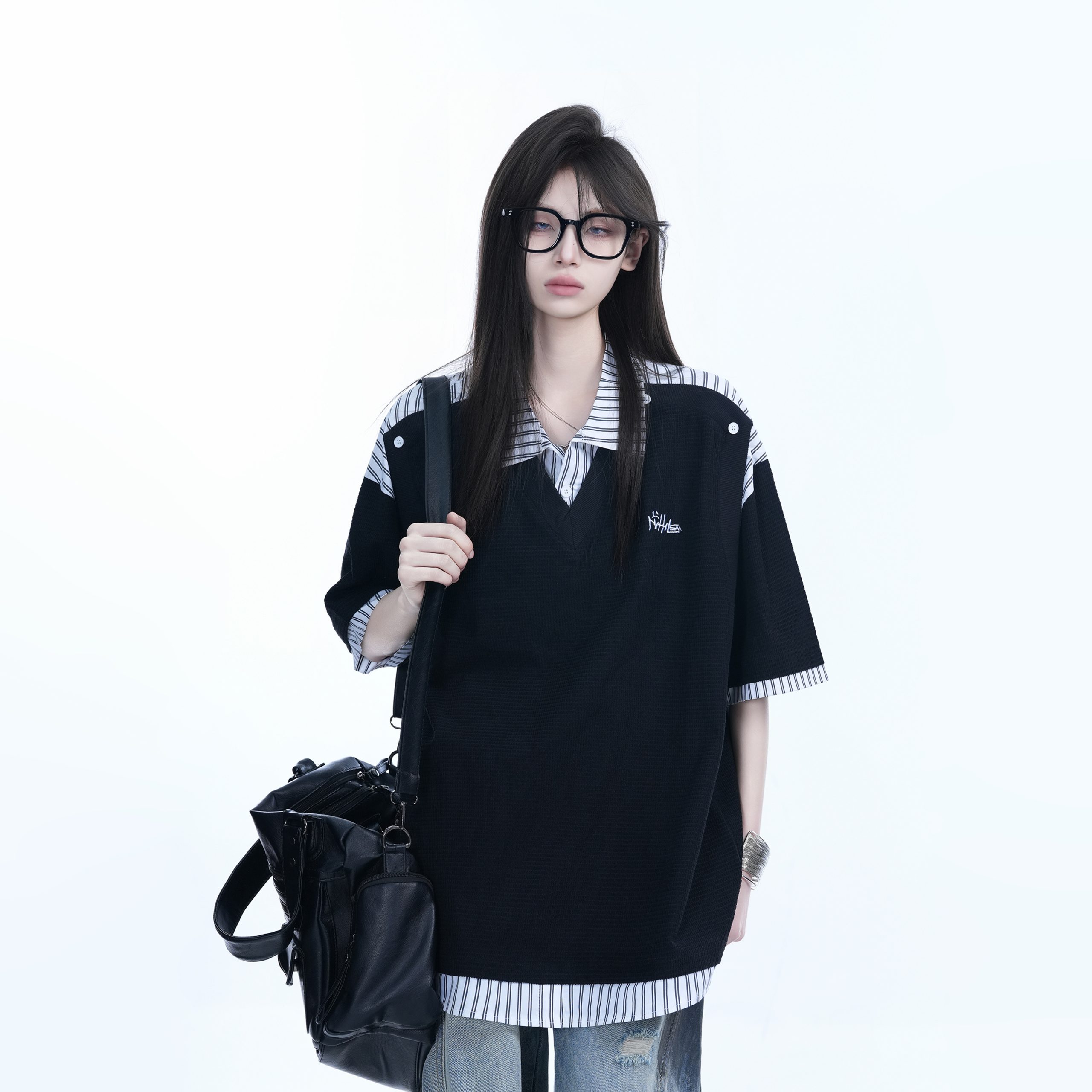 Striped Henry Collar Short Sleeve T-Shirt for Women - Unique Fake Two-Piece Design, Loose Fit, Trendy Casual Style Striped Henry Collar Short Sleeve T-Shirt for Women - Unique Fake Two-Piece Design, Loose Fit, Trendy Casual Style