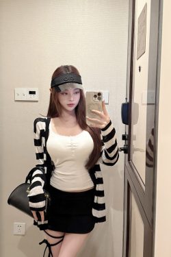 Striped Knitted Sun Protection Cardigan with Lace Design and Heavy Work – Stylish Summer Layering Essential