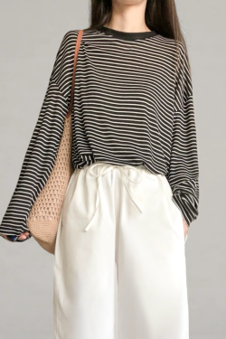 Striped Long-Sleeve Lightweight T-Shirt for Women - Summer Style, Loose-Fitting, Breathable Base Layer, Versatile Casual Top