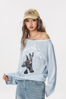 Striped Long Sleeve Off-Shoulder T-Shirt for Women - American Style Cool Thin Sun Protection Cover-Up - Trendy Hot Girl Top