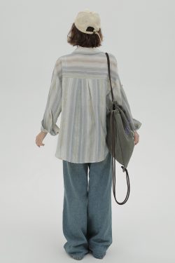 Striped Long Sleeve Shirt for Women - Color-Blocking Loose Sun-Protective Jacket Top for Spring & Autumn, Versatile Fashion Essential