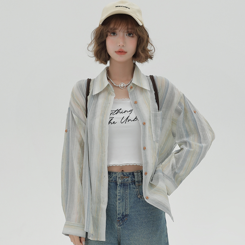 Striped Long Sleeve Shirt for Women - Color-Blocking Loose Sun-Protective Jacket Top for Spring & Autumn, Versatile Fashion Essential Striped Long Sleeve Shirt for Women - Color-Blocking Loose Sun-Protective Jacket Top for Spring & Autumn, Versatile Fashion Essential