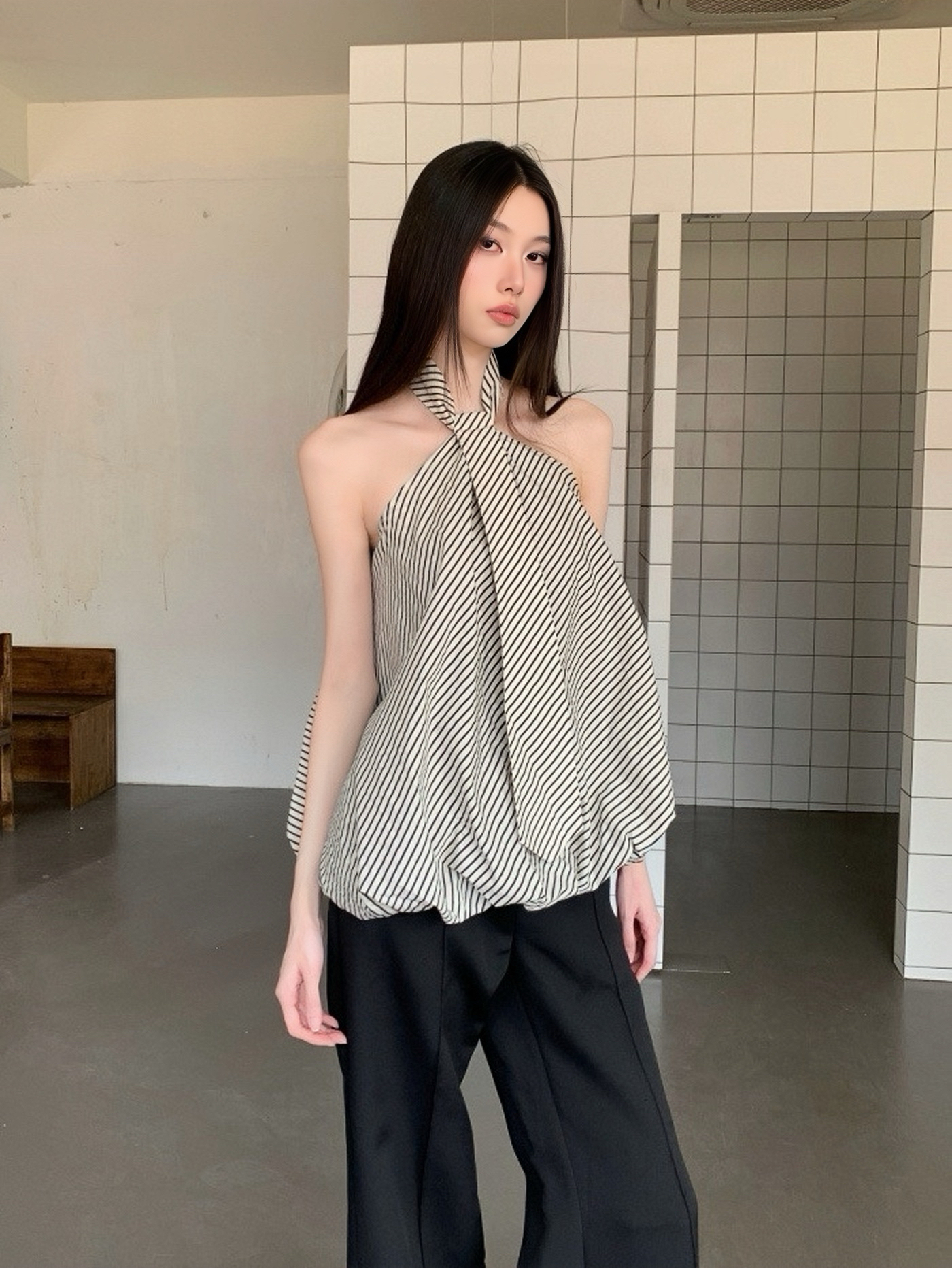 Striped Neck Tie Cloud Camisole - Summer Design, Trendy Niche Style, Perfect for Y2K and 90s Inspired Fashion Striped Neck Tie Cloud Camisole - Summer Design, Trendy Niche Style, Perfect for Y2K and 90s Inspired Fashion