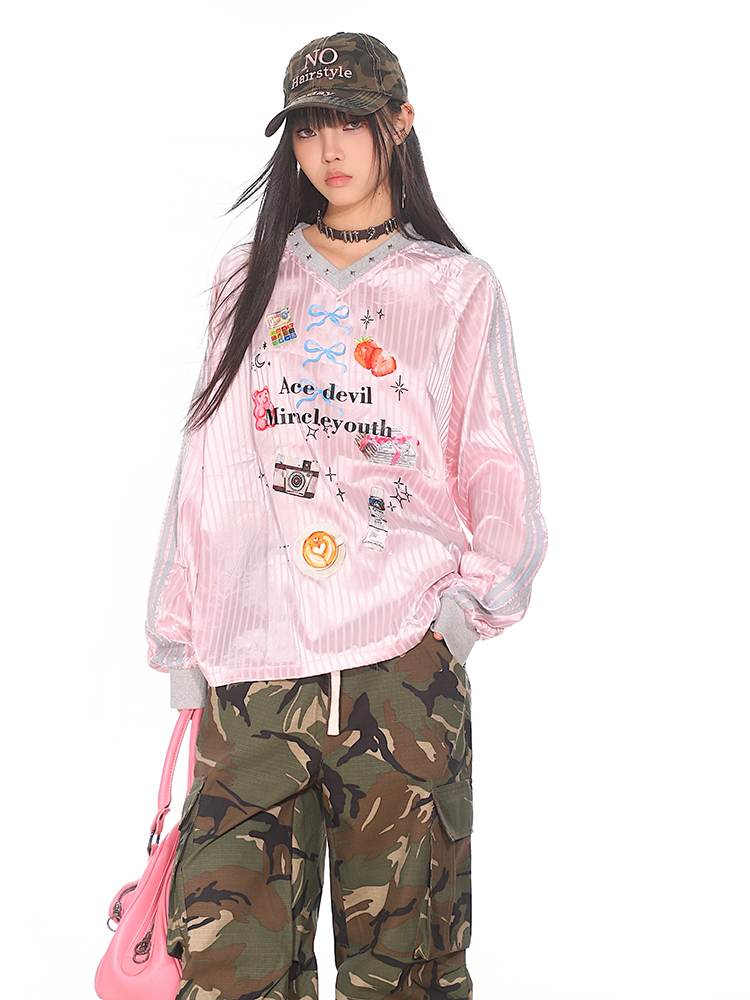 Striped Print V-Neck Long Sleeve T-Shirt for Women - American Sweetheart Style, Autumn Sports Fashion Striped Print V-Neck Long Sleeve T-Shirt for Women - American Sweetheart Style, Autumn Sports Fashion