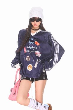 Striped Print V-Neck Long Sleeve T-Shirt for Women - American Sweetheart Style, Autumn Sports Fashion