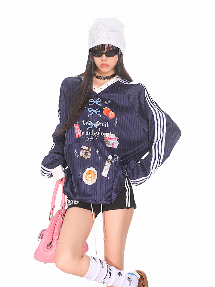 Striped Print V-Neck Long Sleeve T-Shirt for Women - American Sweetheart Style, Autumn Sports Fashion Striped Print V-Neck Long Sleeve T-Shirt for Women - American Sweetheart Style, Autumn Sports Fashion