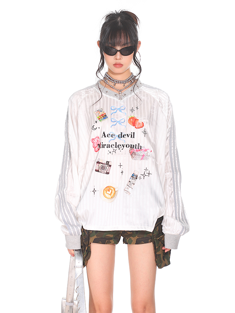 Striped Print V-Neck Long Sleeve T-Shirt for Women - American Sweetheart Style, Autumn Sports Fashion Striped Print V-Neck Long Sleeve T-Shirt for Women - American Sweetheart Style, Autumn Sports Fashion