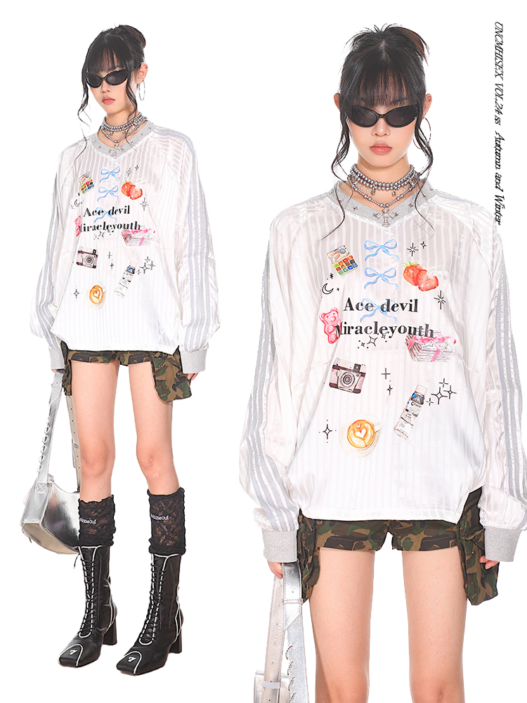 Striped Print V-Neck Long Sleeve T-Shirt for Women - American Sweetheart Style, Autumn Sports Fashion Striped Print V-Neck Long Sleeve T-Shirt for Women - American Sweetheart Style, Autumn Sports Fashion