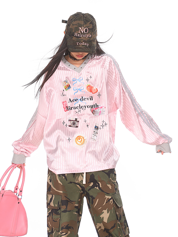 Striped Print V-Neck Long Sleeve T-Shirt for Women - American Sweetheart Style, Autumn Sports Fashion Striped Print V-Neck Long Sleeve T-Shirt for Women - American Sweetheart Style, Autumn Sports Fashion