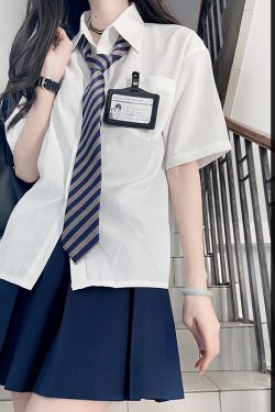 Striped Pudding Bear JK Shirt Set for Women - Short Sleeve & Long Sleeve Uniform, Blue, Summer Fashion, Kawaii Style