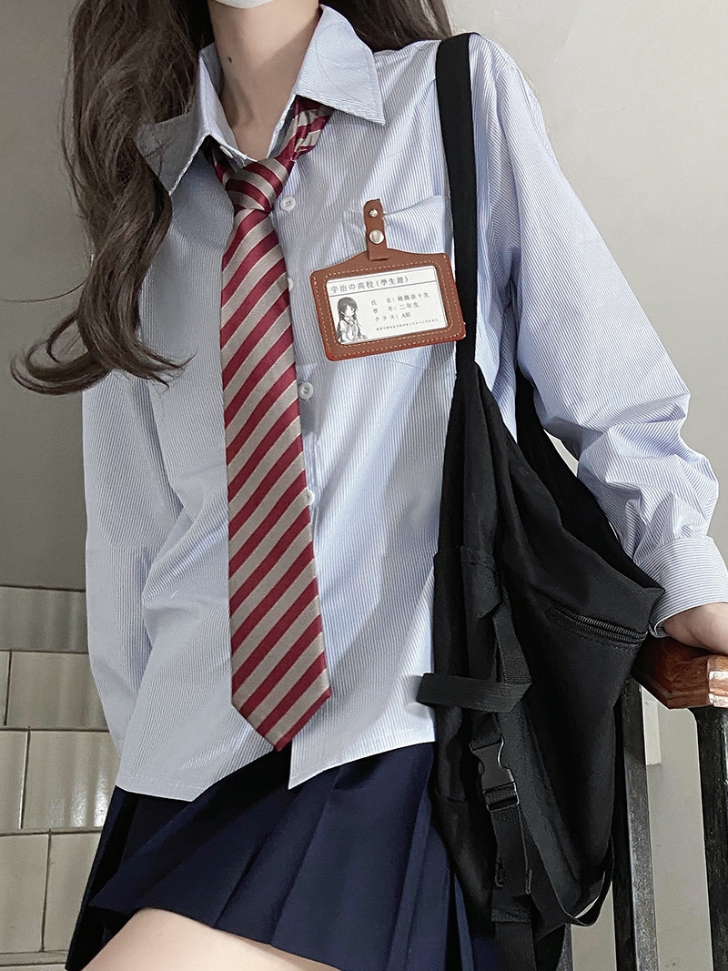 Striped Pudding Bear JK Shirt Set for Women - Short Sleeve & Long Sleeve Uniform, Blue, Summer Fashion, Kawaii Style Striped Pudding Bear JK Shirt Set for Women - Short Sleeve & Long Sleeve Uniform, Blue, Summer Fashion, Kawaii Style