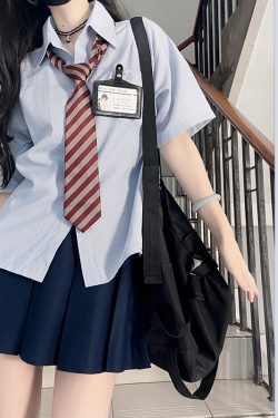 Striped Pudding Bear JK Shirt Set for Women - Short Sleeve & Long Sleeve Uniform, Blue, Summer Fashion, Kawaii Style