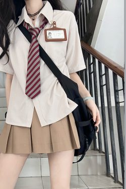 Striped Pudding Bear JK Shirt Set for Women - Short Sleeve & Long Sleeve Uniform, Blue, Summer Fashion, Kawaii Style