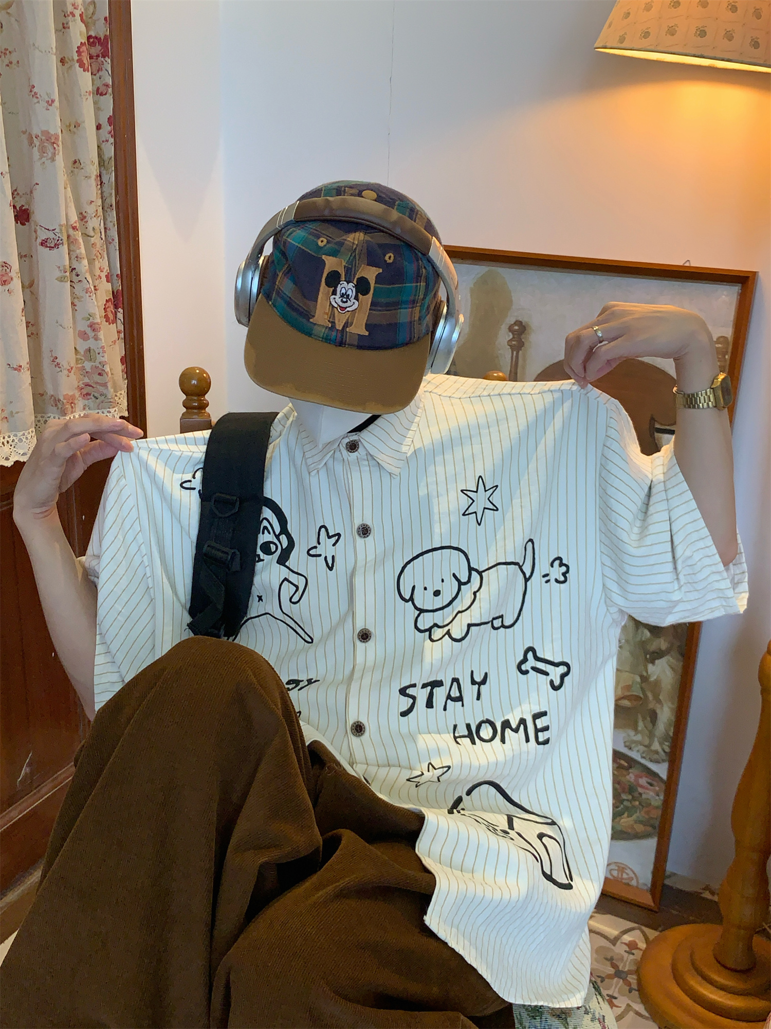 Striped Short Sleeve Shirt for Couples - Summer Loose Fit Dog Print Top - Trendy Vintage Style Striped Short Sleeve Shirt for Couples - Summer Loose Fit Dog Print Top - Trendy Vintage Style