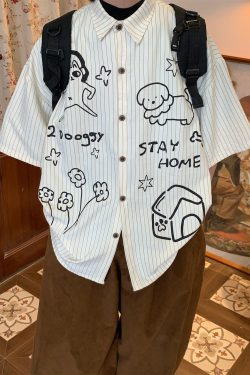 Striped Short Sleeve Shirt for Couples - Summer Loose Fit Dog Print Top - Trendy Vintage Style