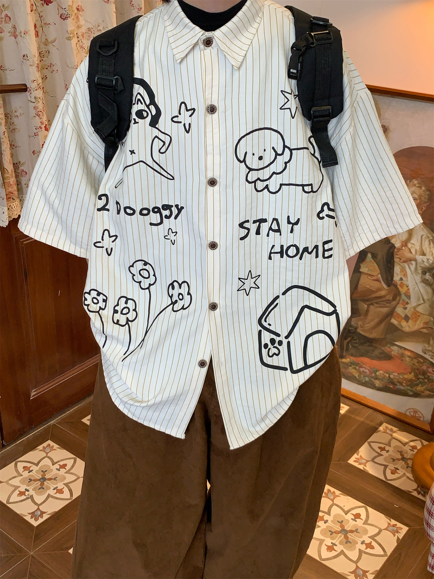 Striped Short Sleeve Shirt for Couples - Summer Loose Fit Dog Print Top - Trendy Vintage Style Striped Short Sleeve Shirt for Couples - Summer Loose Fit Dog Print Top - Trendy Vintage Style