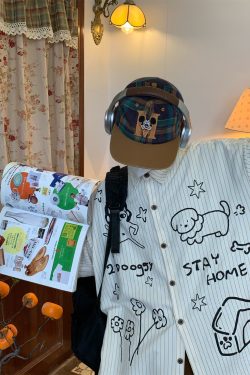 Striped Short Sleeve Shirt for Couples - Summer Loose Fit Dog Print Top - Trendy Vintage Style