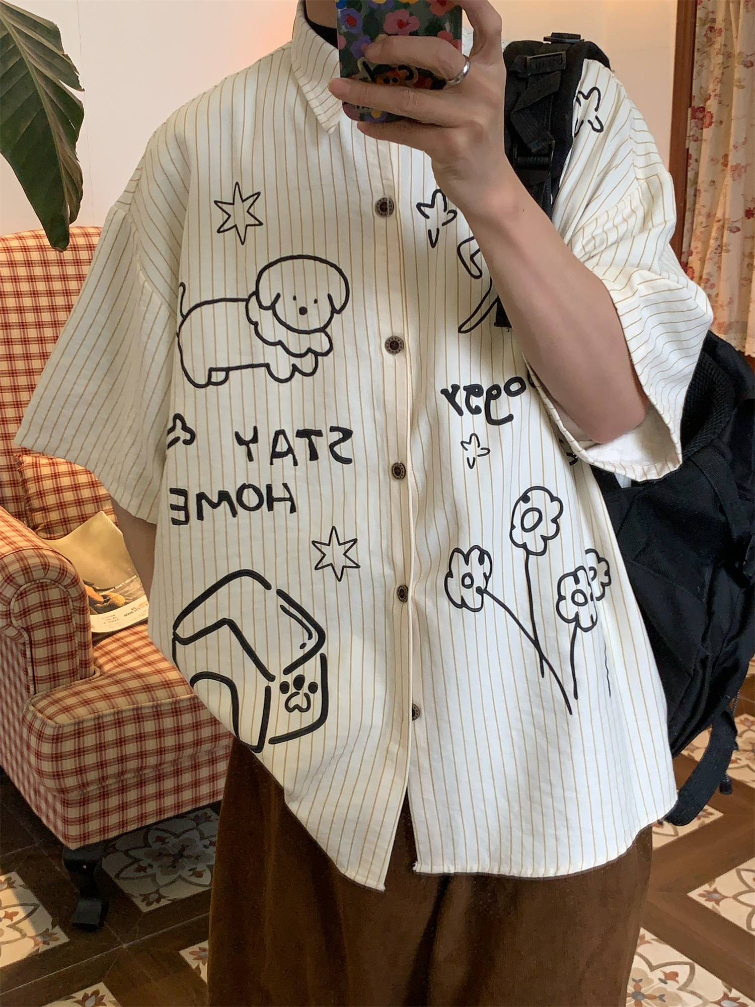 Striped Short Sleeve Shirt for Couples - Summer Loose Fit Dog Print Top - Trendy Vintage Style Striped Short Sleeve Shirt for Couples - Summer Loose Fit Dog Print Top - Trendy Vintage Style