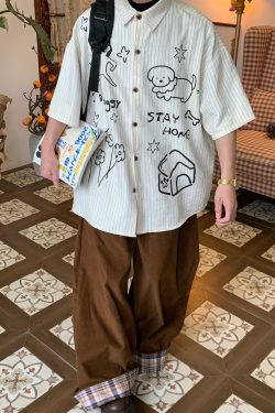 Striped Short Sleeve Shirt for Couples - Summer Loose Fit Dog Print Top - Trendy Vintage Style