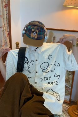 Striped Short Sleeve Shirt with Dog Print for Couples - Summer Loose Fit Versatile Top - Trendy Vintage Style
